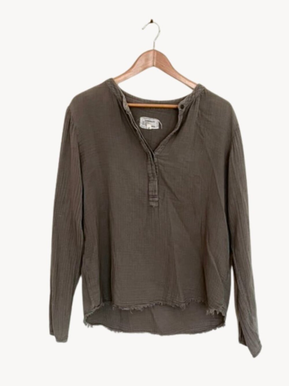 Current/Elliott Gray Long Sleeve Cotton Gauzed Henley, Size: 3 / L